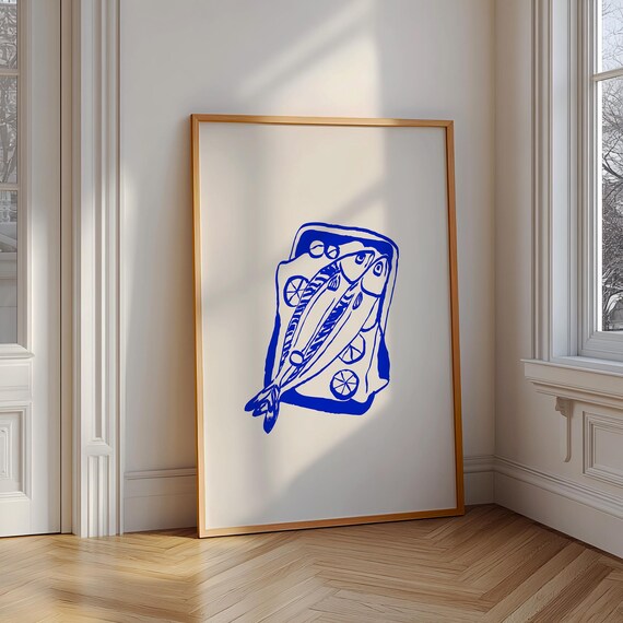 Salt Fish Print Blue Fish Baked Poster Retro Food Wall Art Modern Kitchen Decor Sketch Hand Drawn Artwork