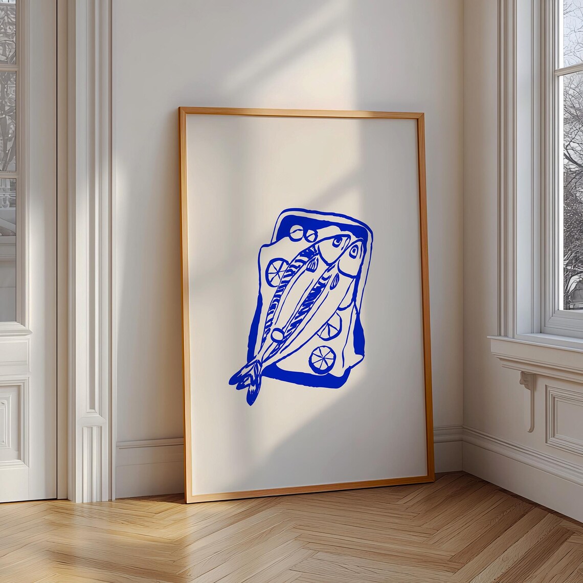 Salt Fish Print Blue Fish Baked Poster Retro Food Wall Art Modern Kitchen Decor Sketch Hand Drawn Artwork