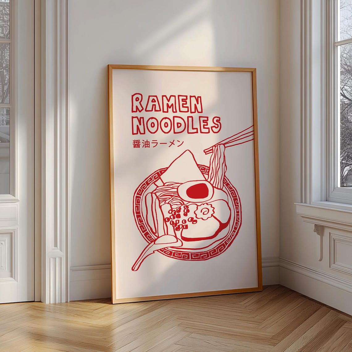 Red Shoyu Ramen Noodle Bowl Line Art Japanese Kitchen Wall Poster - Image 4