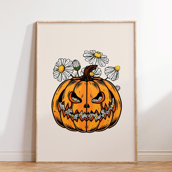 Vintage Jack O Lantern Daisy Pumpkin Fall Retro Halloween Art Poster