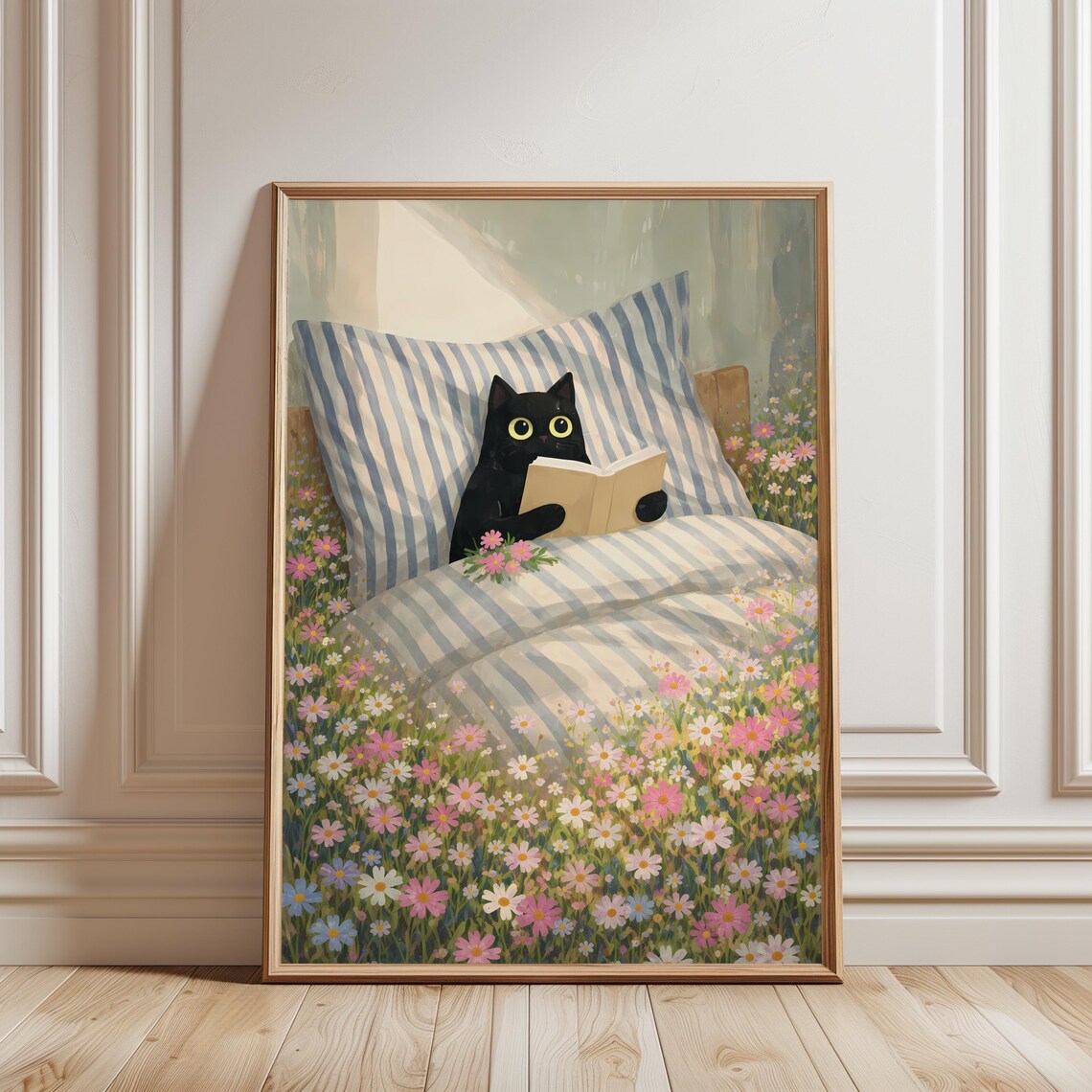 Black Cat Reading Book In Bed, Whimsical Print