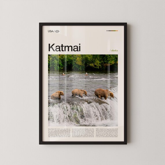 Katmai Alaska Brown Bears Fishing At Waterfall Travel Poster