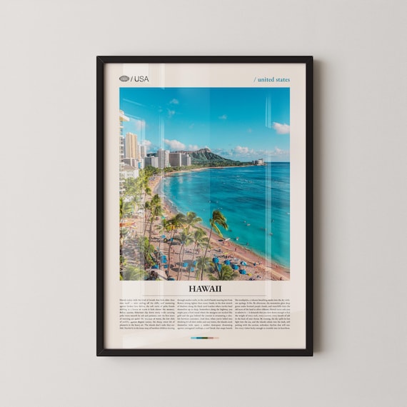 Hawaii Waikiki Beach Diamond Head Palms Vintage Travel Style Photo Poster