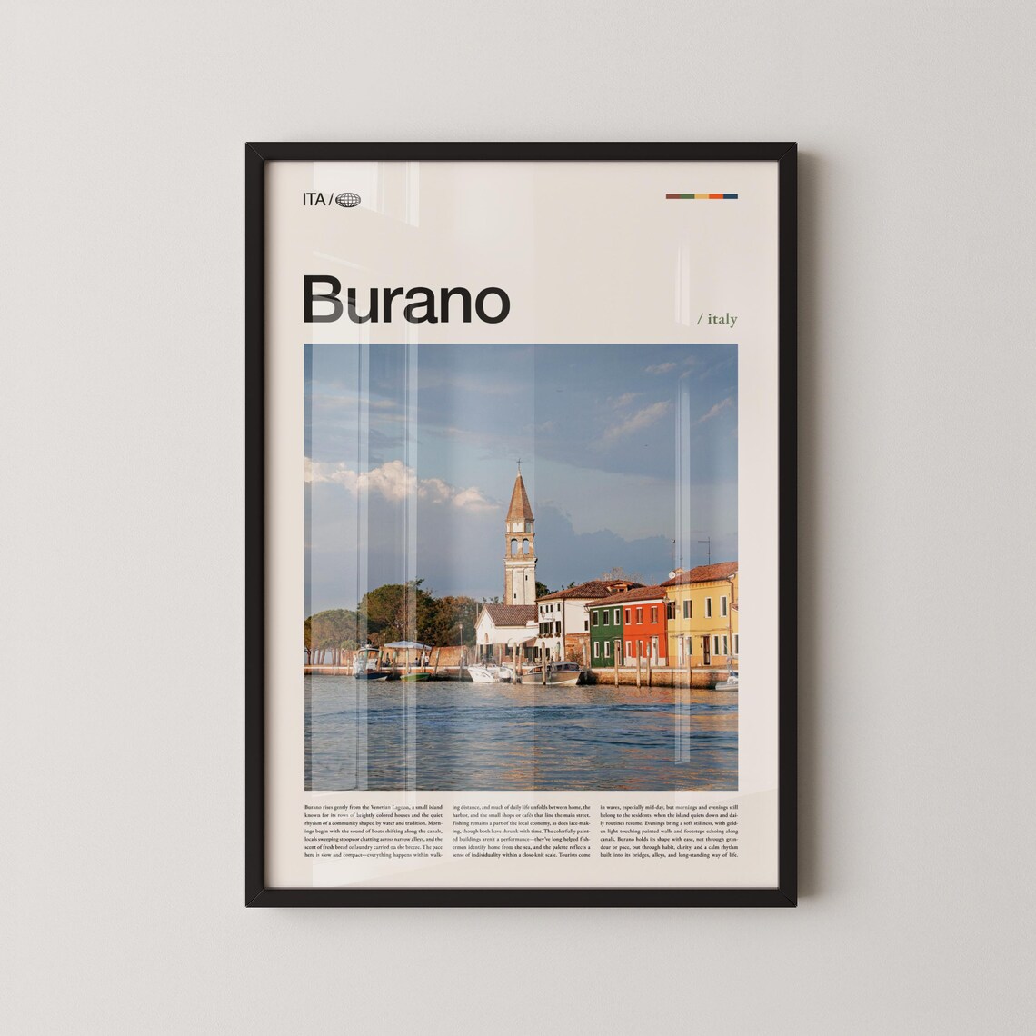 Burano Italy Colorful Canal Houses Bell Tower Italy Travel Poster
