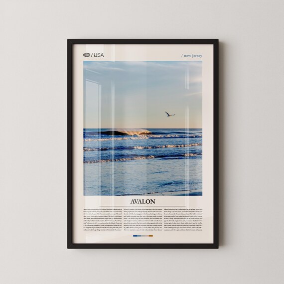 Avalon New Jersey Beach Waves Modern Travel Poster with Seagull Artwork