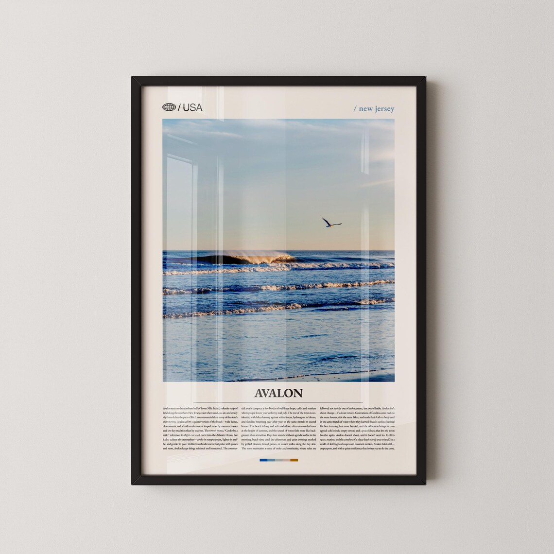 Avalon New Jersey Beach Waves Modern Travel Poster with Seagull Artwork