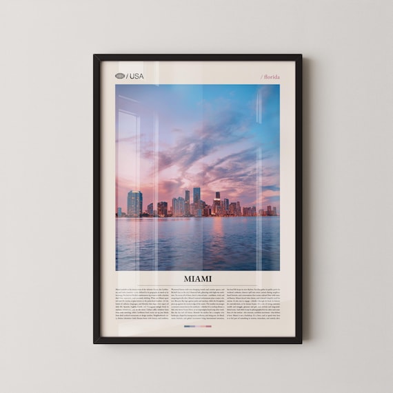 Miami Florida Sunset Skyline Over Biscayne Bay Travel Poster