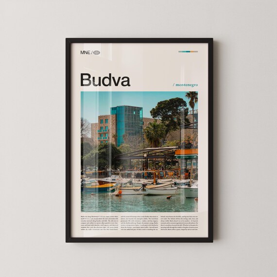 Budva Montenegro Sunny Harbor Boats Coastal Top Title Travel Poster