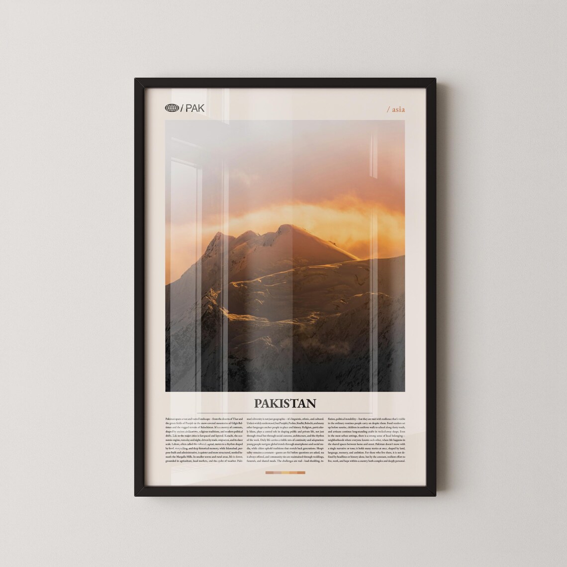 Pakistan Snowy Mountain Peak Sunset Travel Poster in Warm Hues