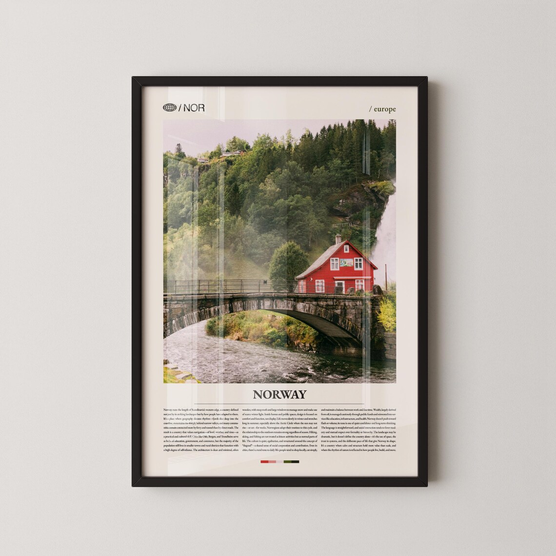 Norway Red Wooden Cabin Stone Bridge Waterfall Scenic Travel Poster