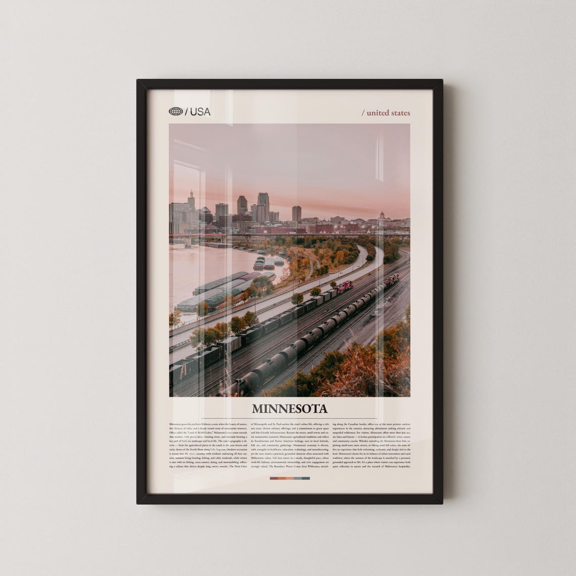 Minnesota Minneapolis Dusk Skyline Freight Train Rail Poster
