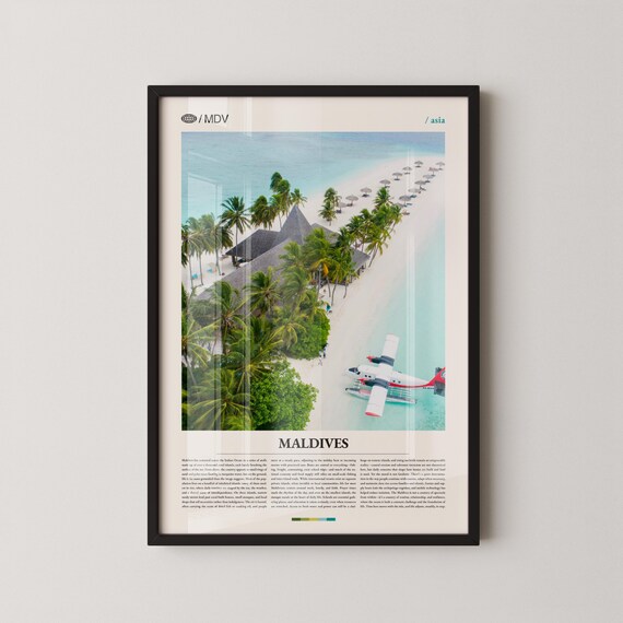 Maldives Wall Art Tropical Island And Overwater Bungalow Print Poster Scenic Ocean Photography Beach Paradise Decor