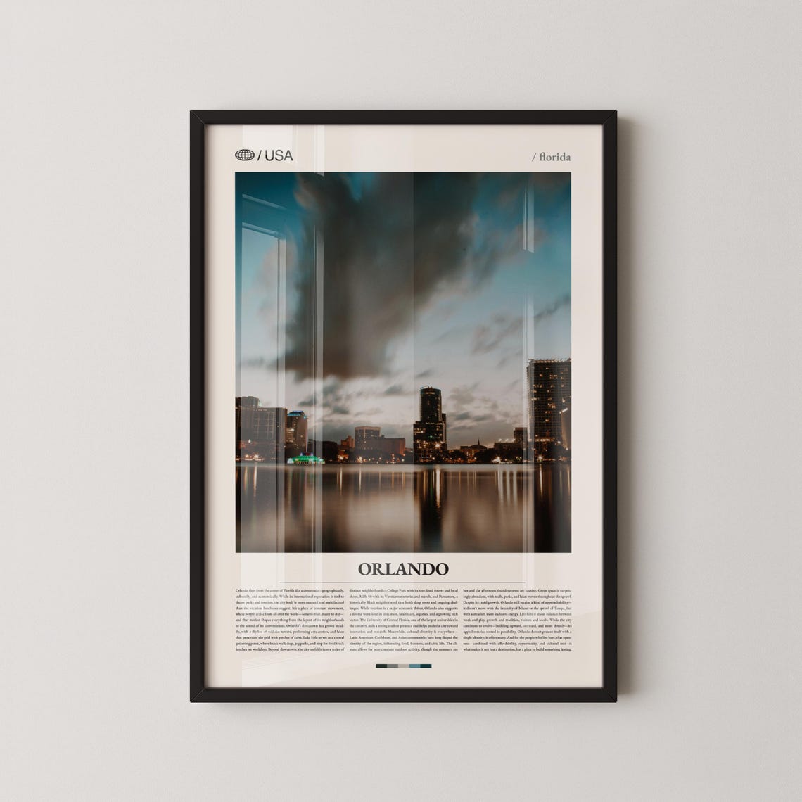Orlando Florida Night Skyline Lake Reflection Downtown Travel Poster
