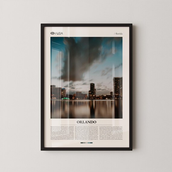 Orlando Florida Night Skyline Lake Reflection Downtown Travel Poster