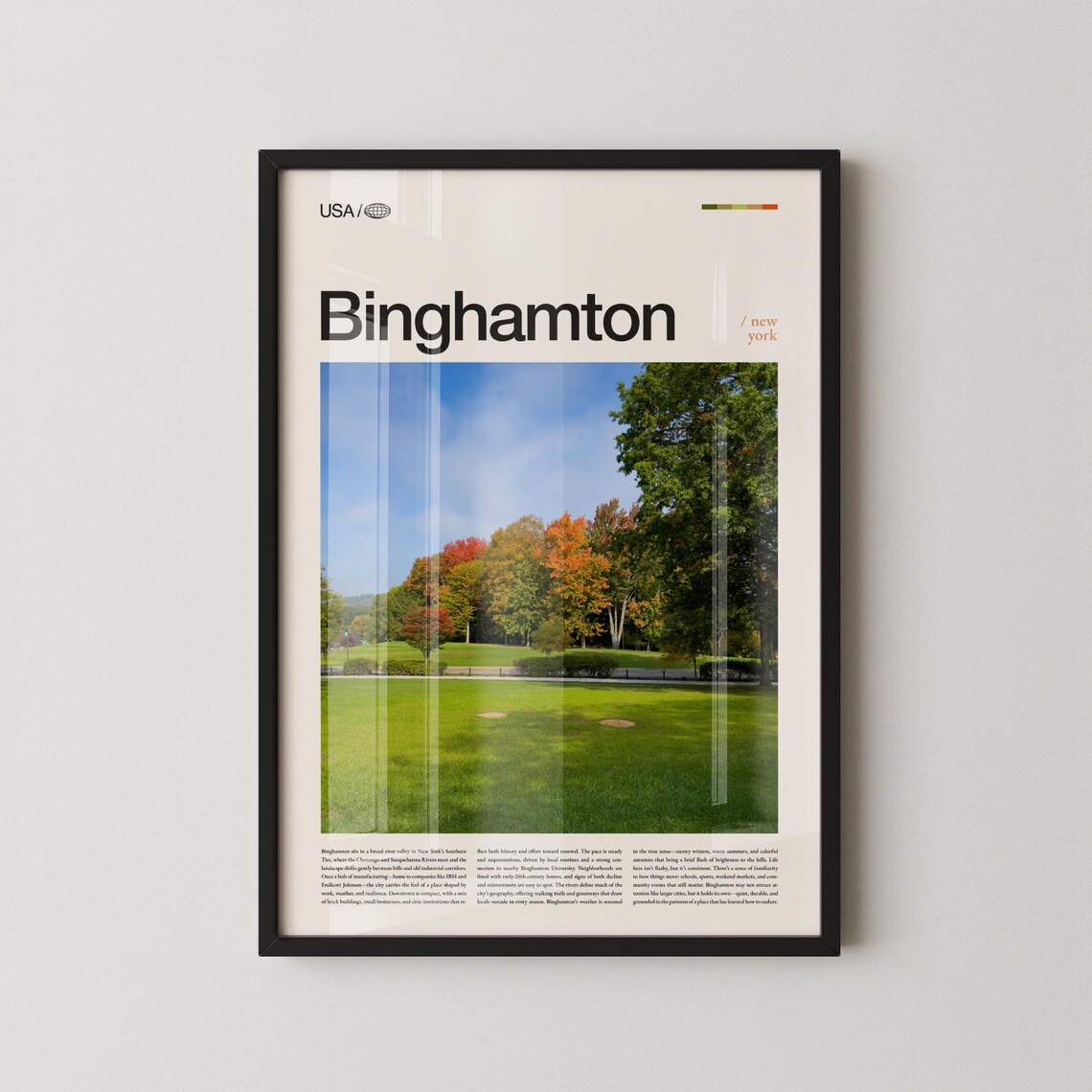 Binghamton New York Autumn Trees Green Lawn Serif Title Poster