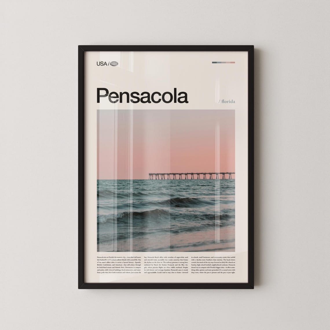Pensacola Florida Pier Over Ocean Pink Sky Magazine Style Poster