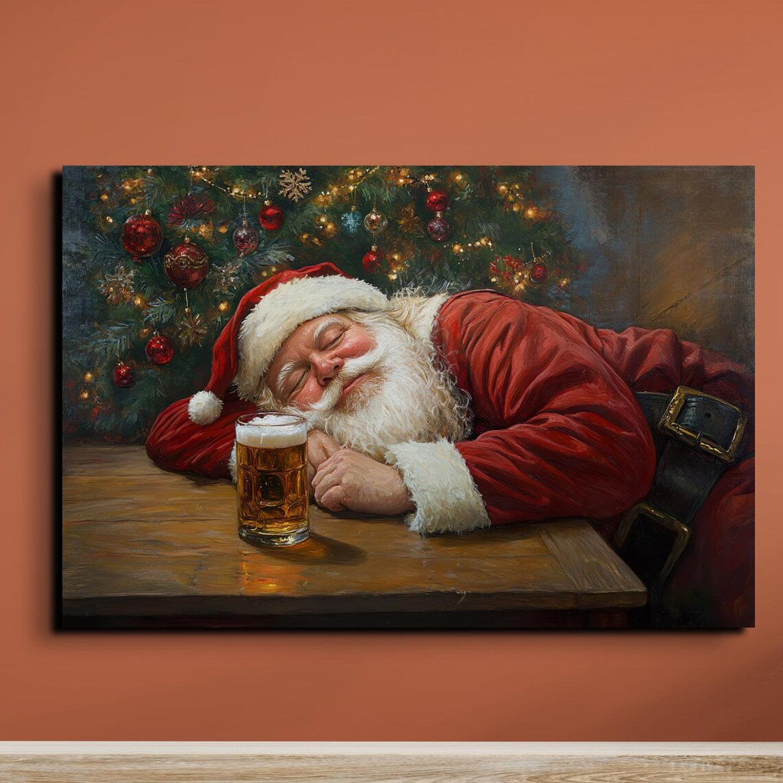 Drunk Santa Napping At The Bar With Beer Mug Christmas Art Poster