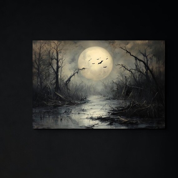 Haunted Swamp Under Full Moon With Bats Moody Halloween Poster
