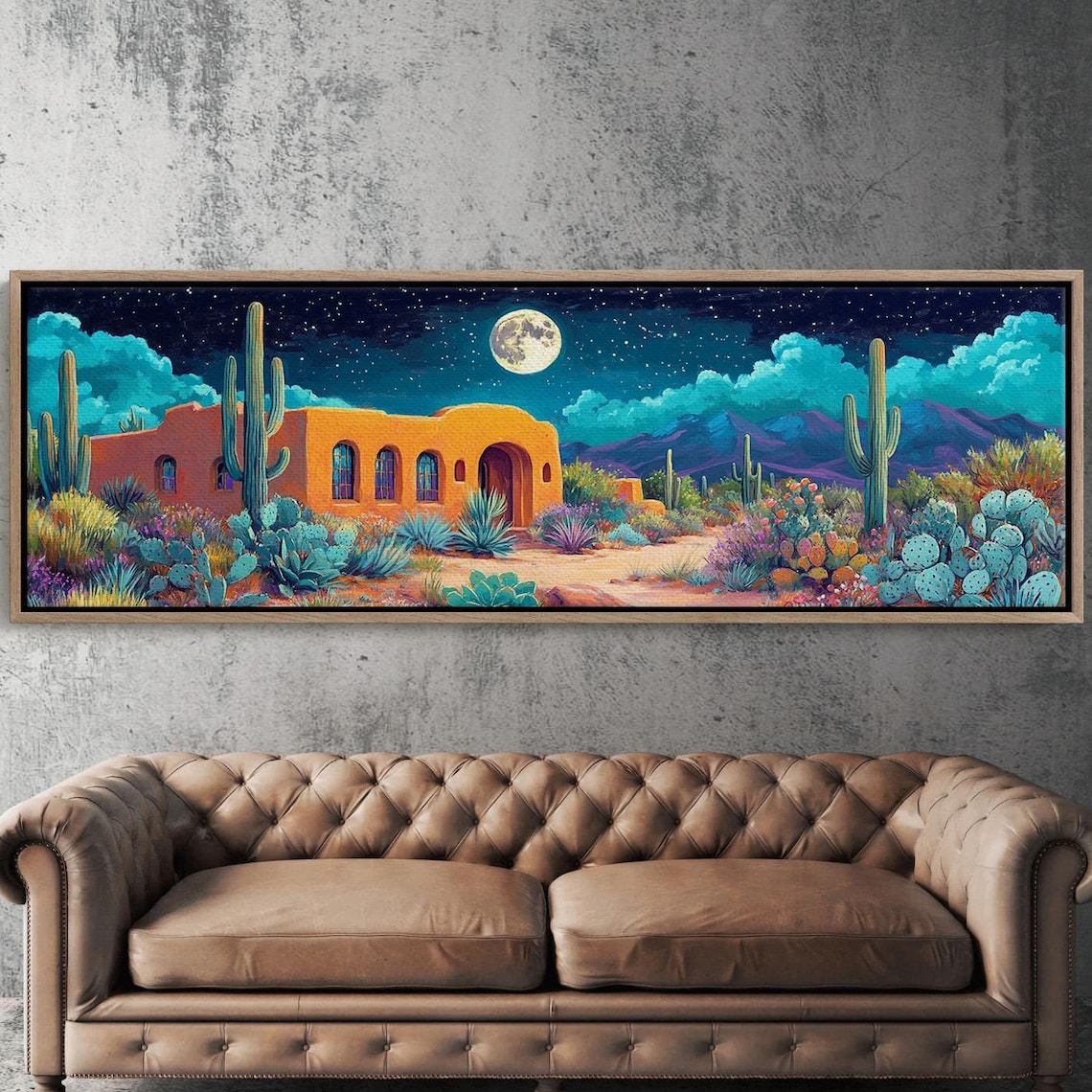 Colorful Desert Night Adobe House Full Moon Saguaro Cacti Art Poster
