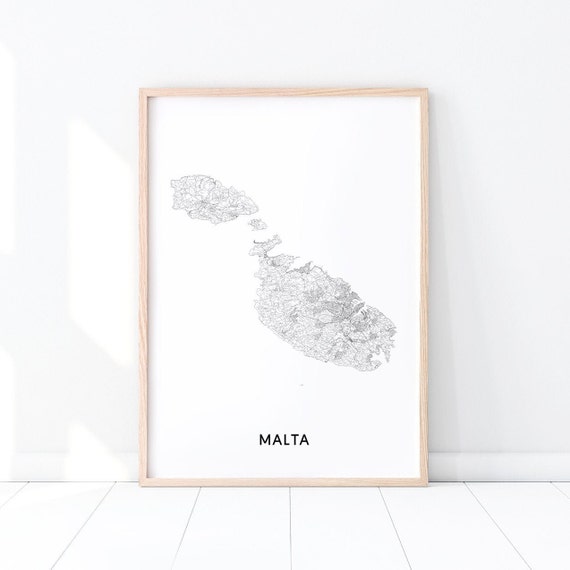 Malta Map Print Black White Europe Country Road Art Poster Modern Wall Minimalist Home Office Decor