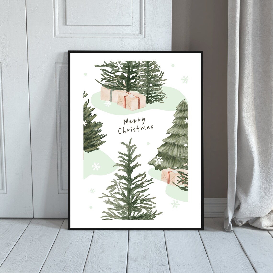 Merry Christmas Watercolor Trees and Gifts Holiday Poster Decor - Image 4