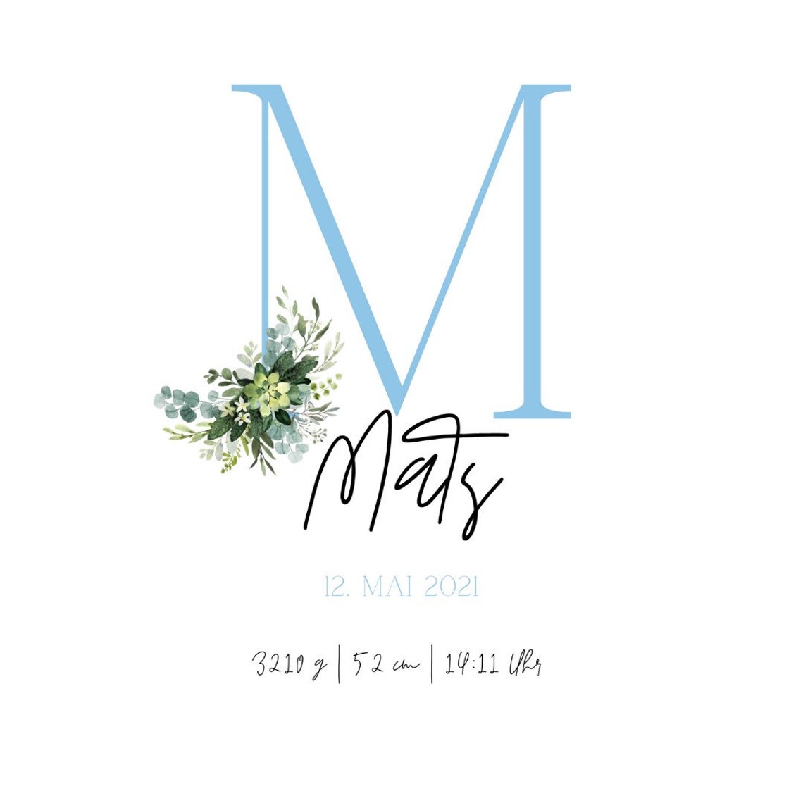 Personalized Birth Poster with Blue Initial and Eucalyptus Decor - Image 4