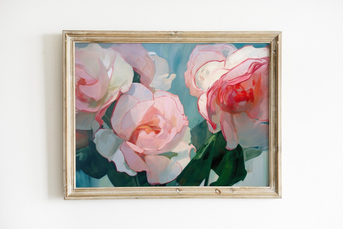 Girly Pink Rose Print, Vintage Floral Art Print