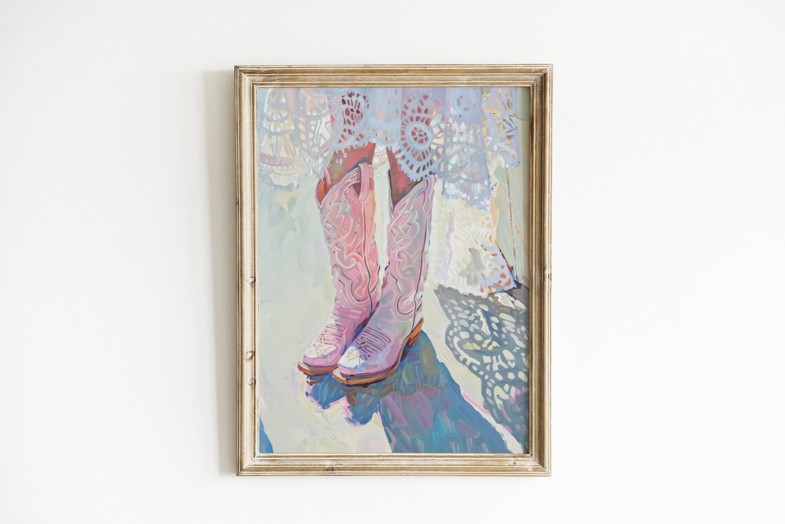 Preppy Pastel Pink Cowboy Boot Art Print