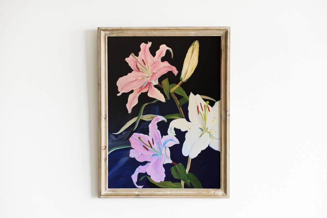 Elegant Pastel Lilies Floral Painting On Dark Background Poster