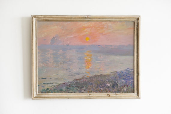 Pink Ocean Sunset Painting, Vintage Coastal Art Print