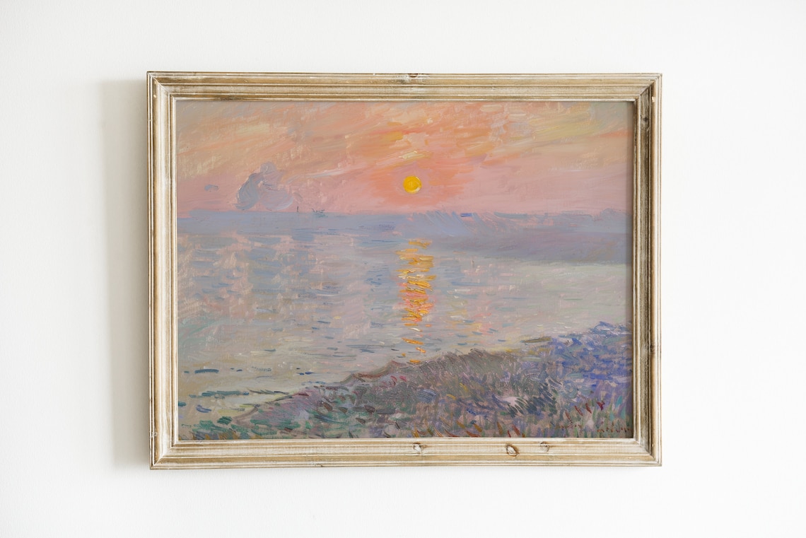 Pink Ocean Sunset Painting, Vintage Coastal Art Print