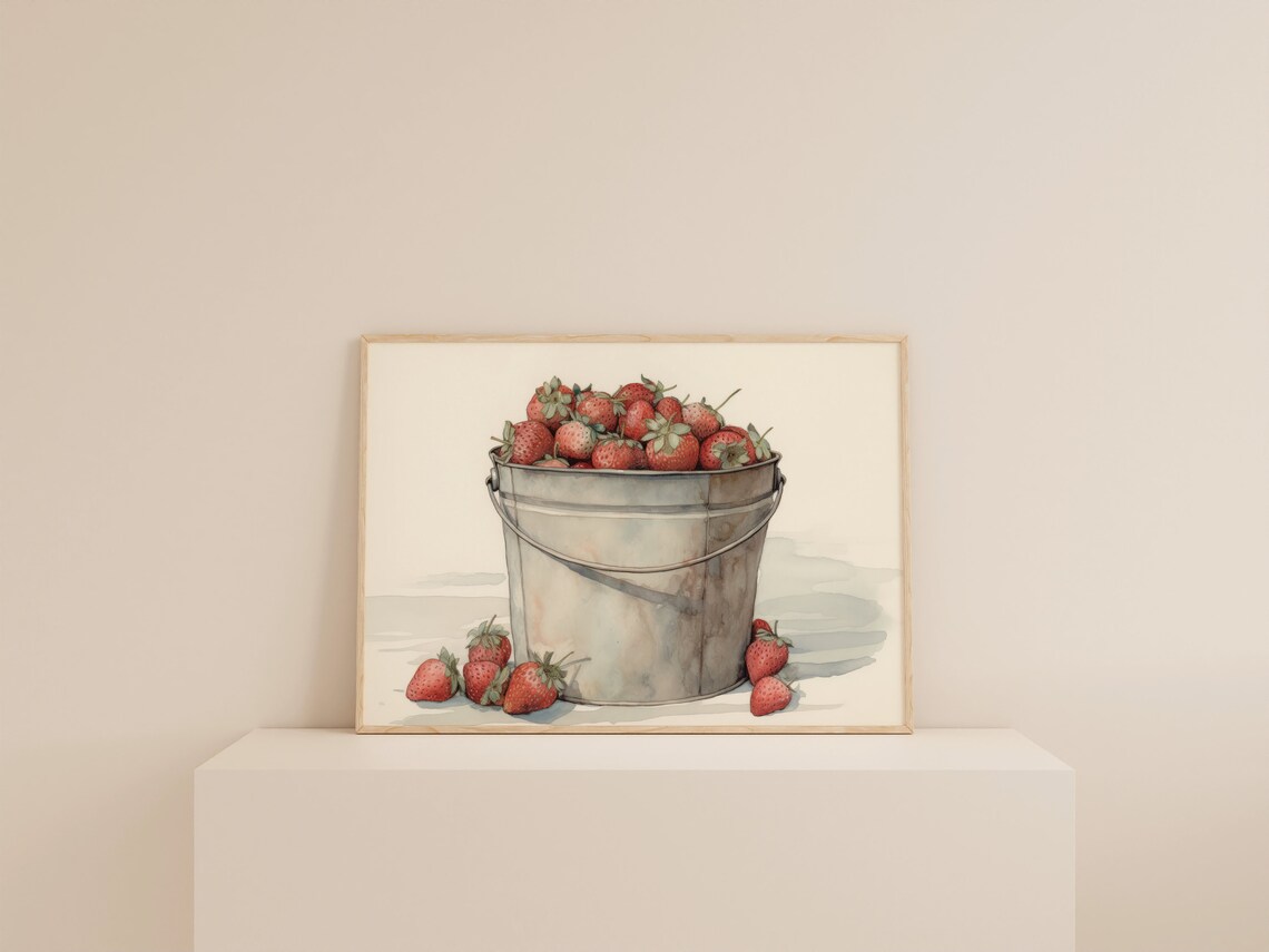 Retro Strawberry Watercolor Art Print, Minimalist Farmhouse - Image 2