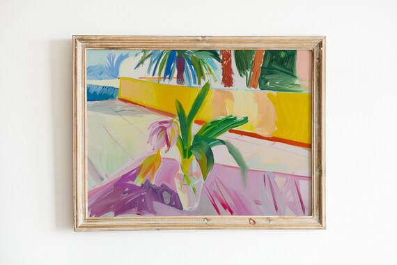 Colorful Impressionistic Patio Print Plant Vase Yellow Wall View