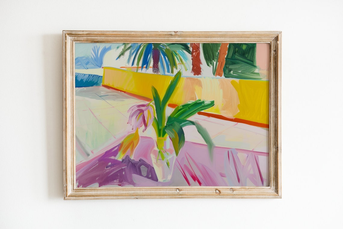 Colorful Impressionistic Patio Print Plant Vase Yellow Wall View
