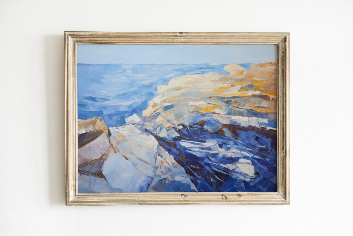 Wave Painting Coastal Art Print, Blue Beach House Decor