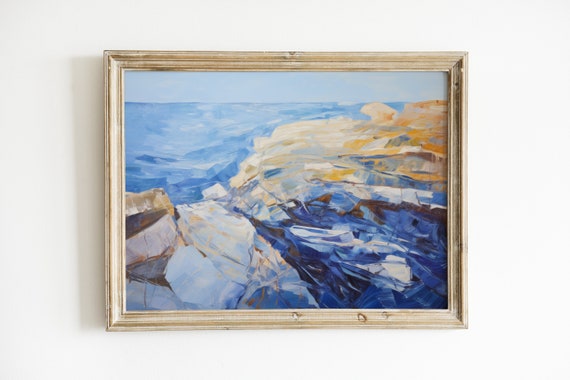 Wave Painting Coastal Art Print, Blue Beach House Decor