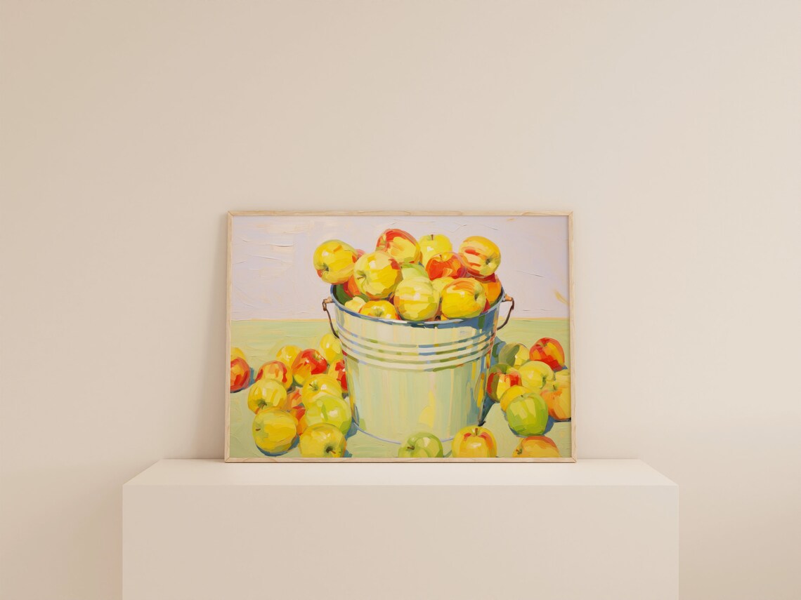 Bucket of Fresh Harvest Apples Still Life Oil Painting Kitchen Poster - Image 2