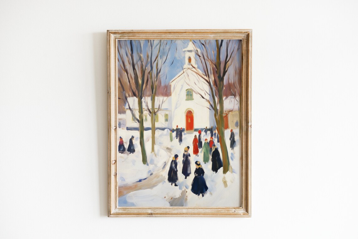 Antique Snowy Village Painting, Rustic Winter Cabin Art