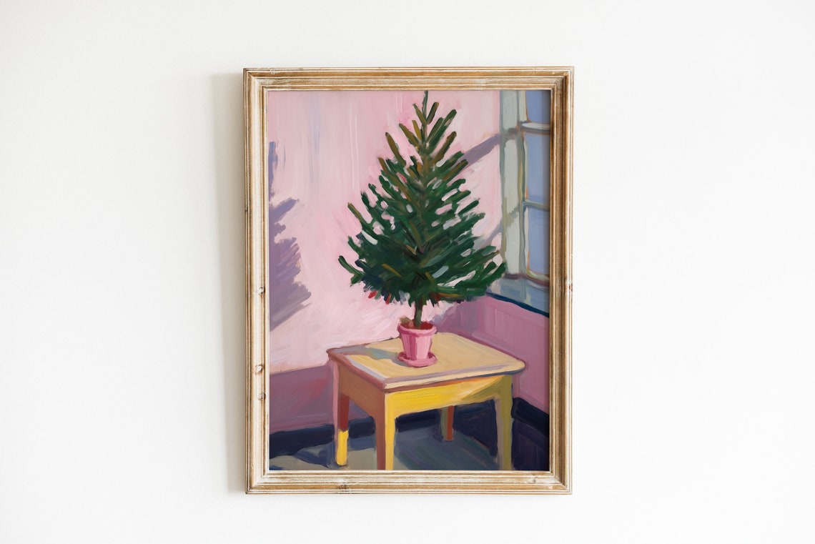 Small Christmas Tree In Pink Pot Painting On Yellow Side Table Print