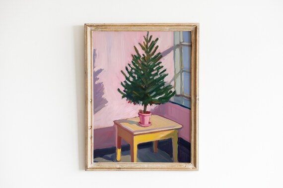 Small Christmas Tree In Pink Pot Painting On Yellow Side Table Print