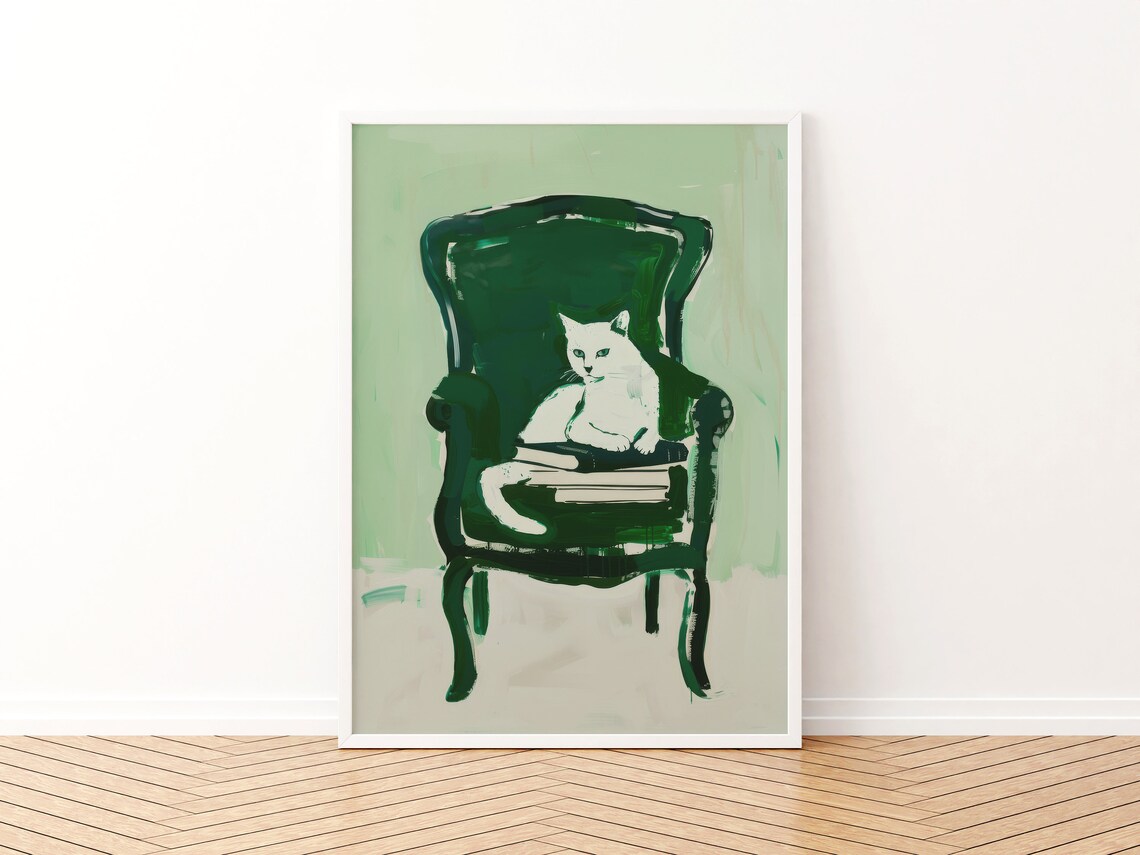 Cute Cat Emerald Green Retro Apartment Art Print - Image 3