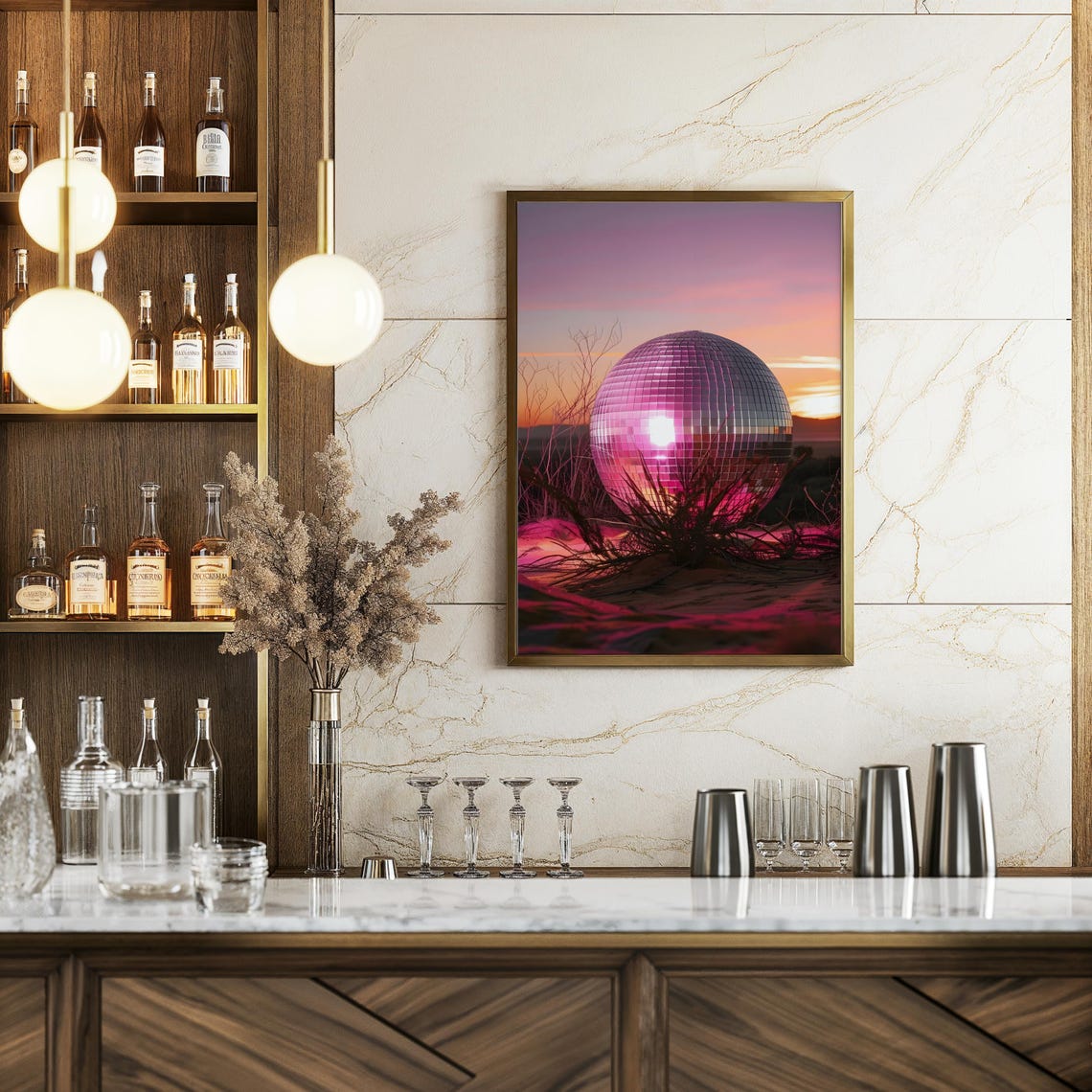 A Giant Disco Ball Resting In A Pink Desert Sunset Landscape Poster - Image 4