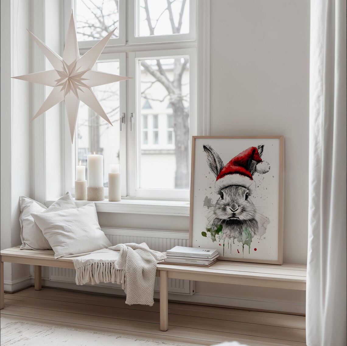 Bunny In Santa Hat Watercolor Cute Rabbit Christmas Holiday Poster - Image 3