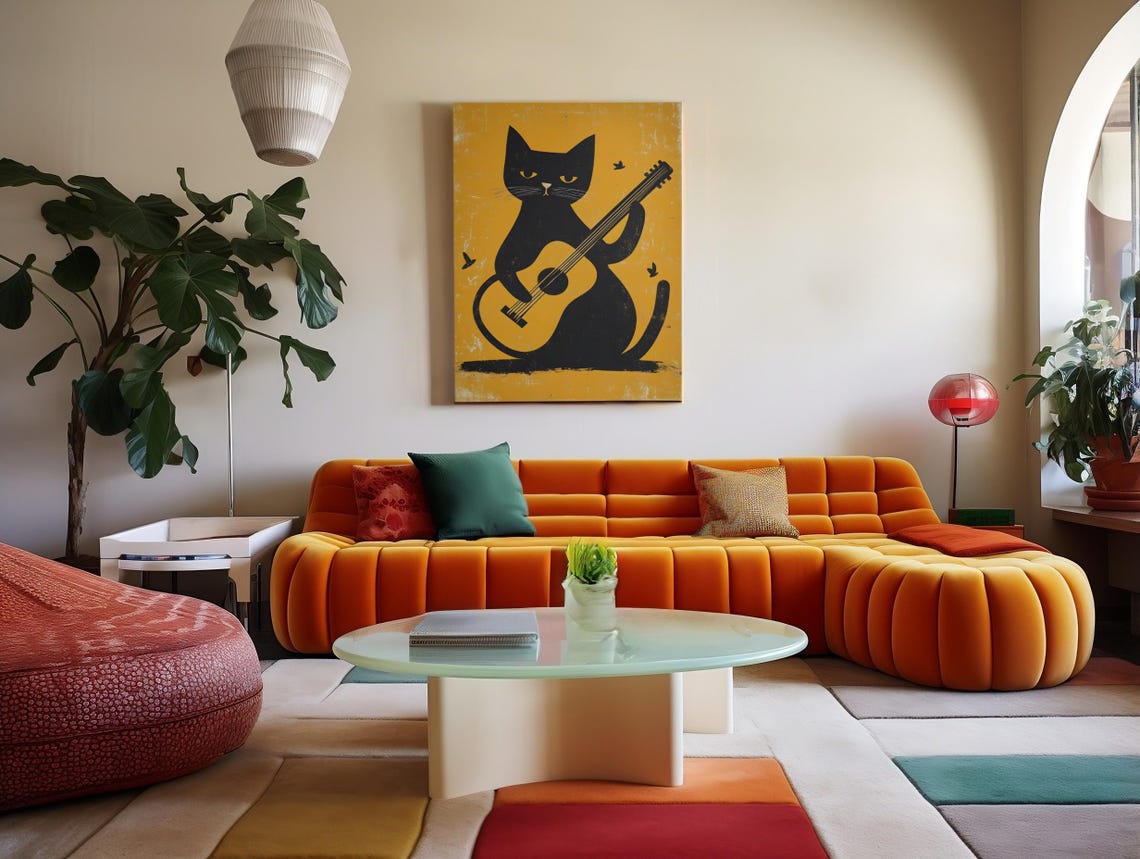 A Black Cat Playing Guitar On A Mustard Yellow Retro Wall Art - Image 4