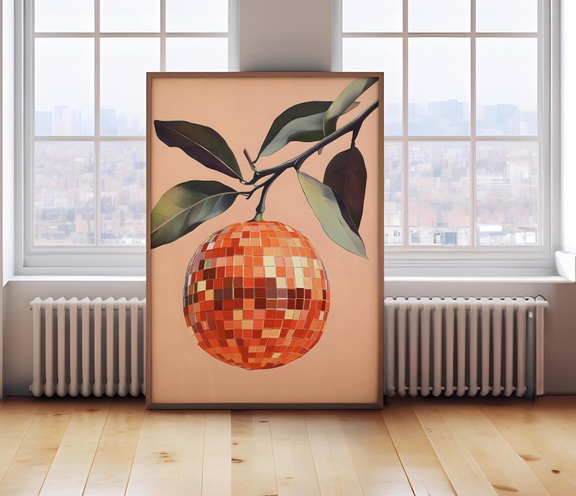 Retro Orange Disco Ball Art Print, Kitchen Bar Poster