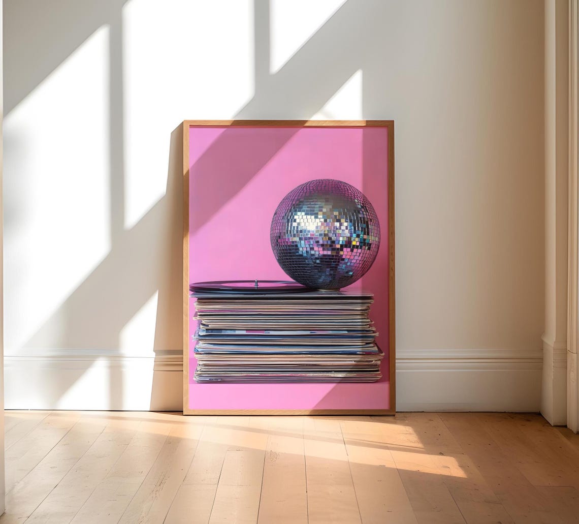 Disco Ball Stack Of Vinyl Records Pink Retro Music Room Wall Poster - Image 3