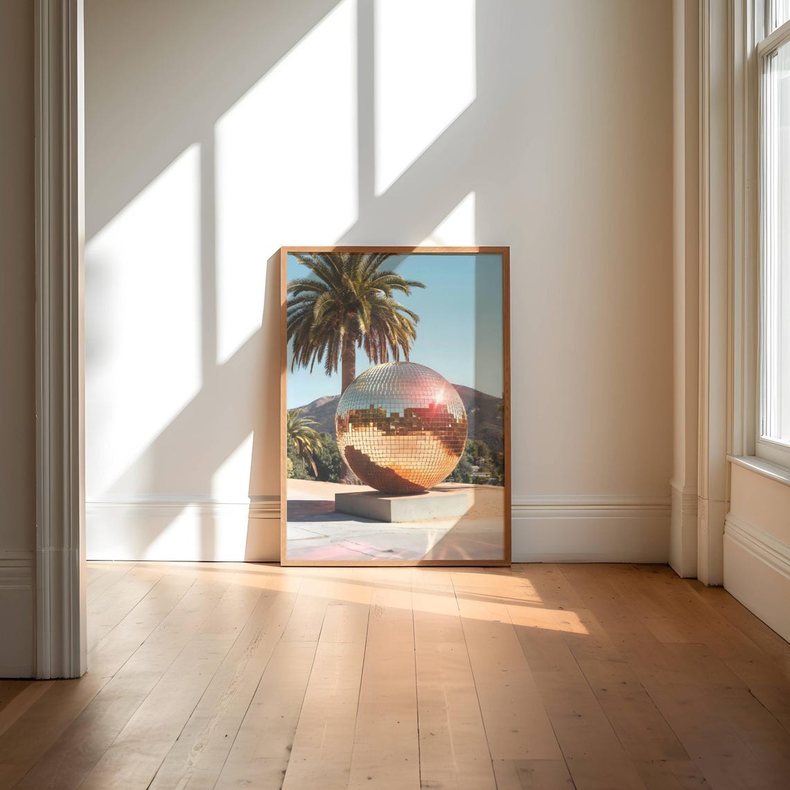 Giant Disco Ball Golden Sunset Palm Tree Photography Art Poster - Image 3