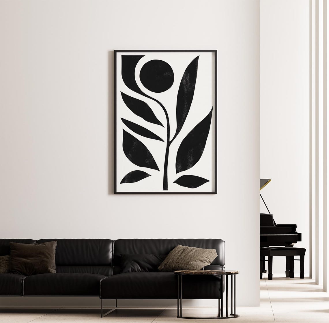 Scandinavian Minimalist Black White Botanical Leaf Silhouette Wall Art