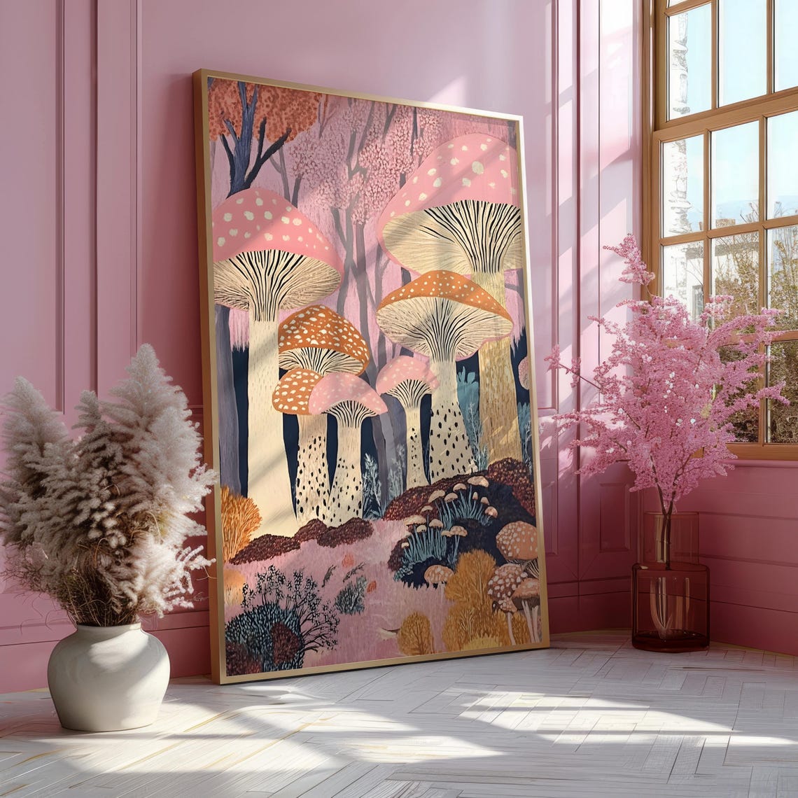 Whimsical Pink Mushroom Forest Fairy Illustration Art Poster - Image 3