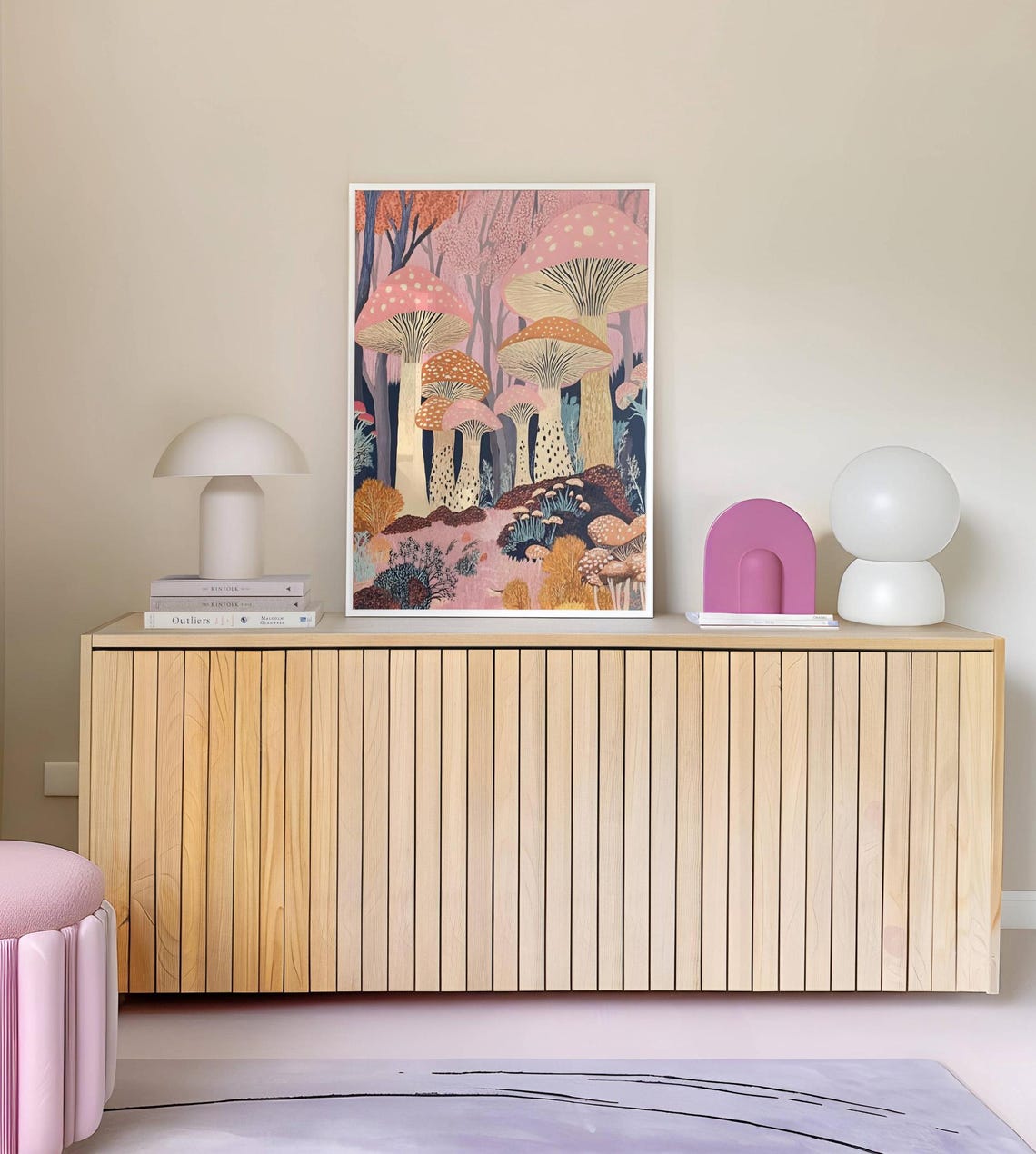 Whimsical Pink Mushroom Forest Fairy Illustration Art Poster - Image 4